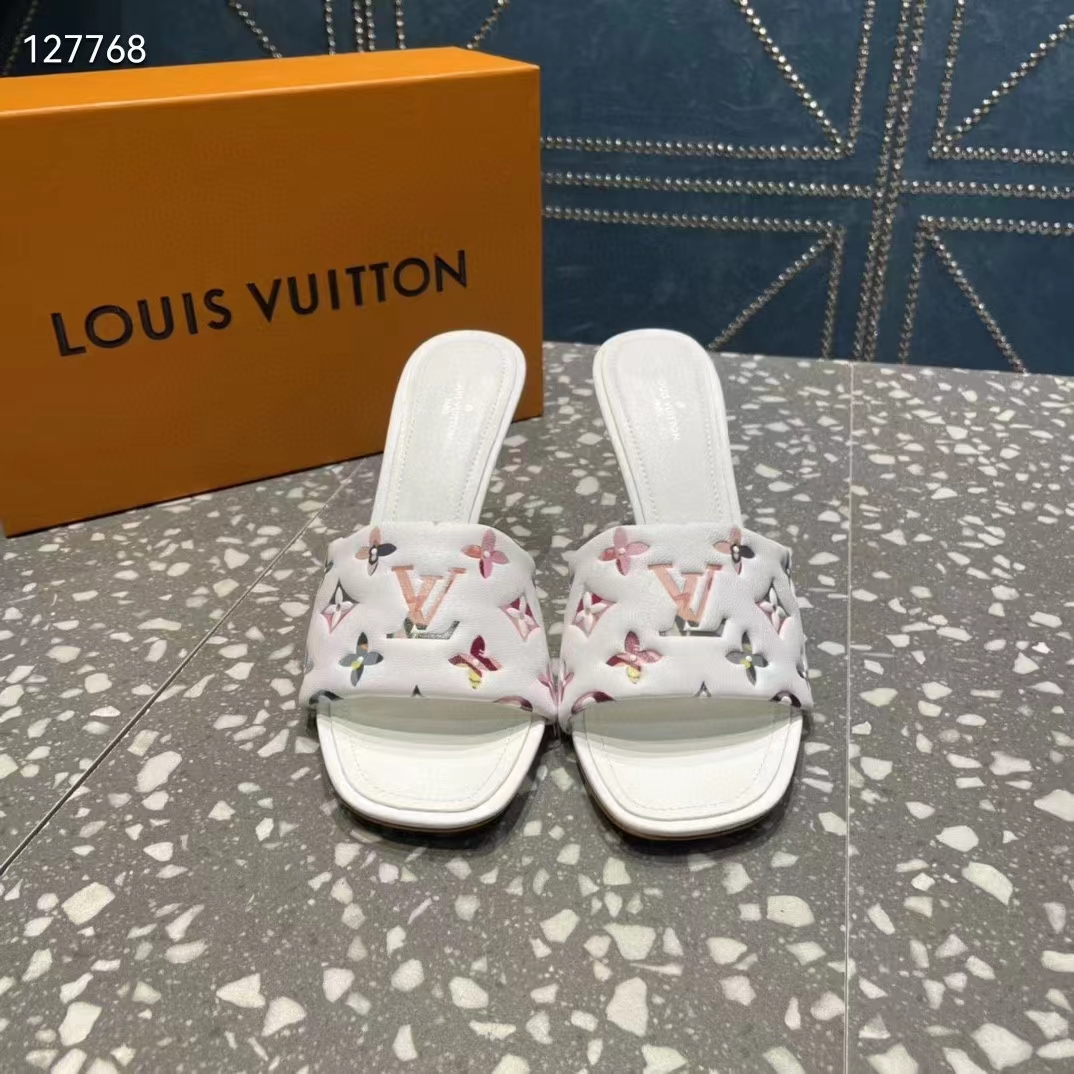 LOUIS VUITTON LEATHER MULES HEELS 37.5-7.5 TAN ITALY $1450- 9.5"L  WHITE SLIDES