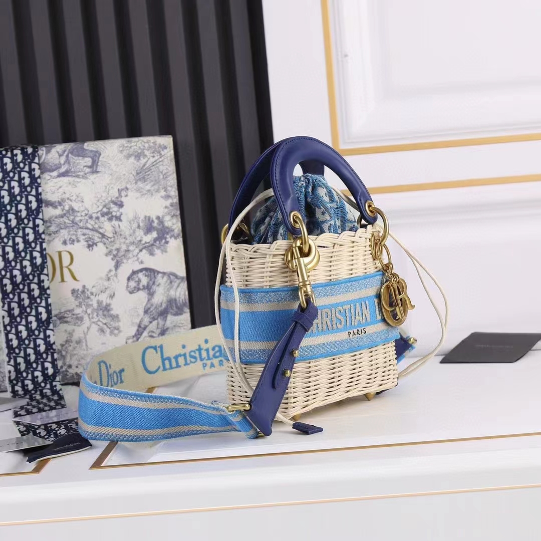 Dior - Mini Lady Dior Bag Natural Wicker and Blue Dior Oblique Jacquard - Women
