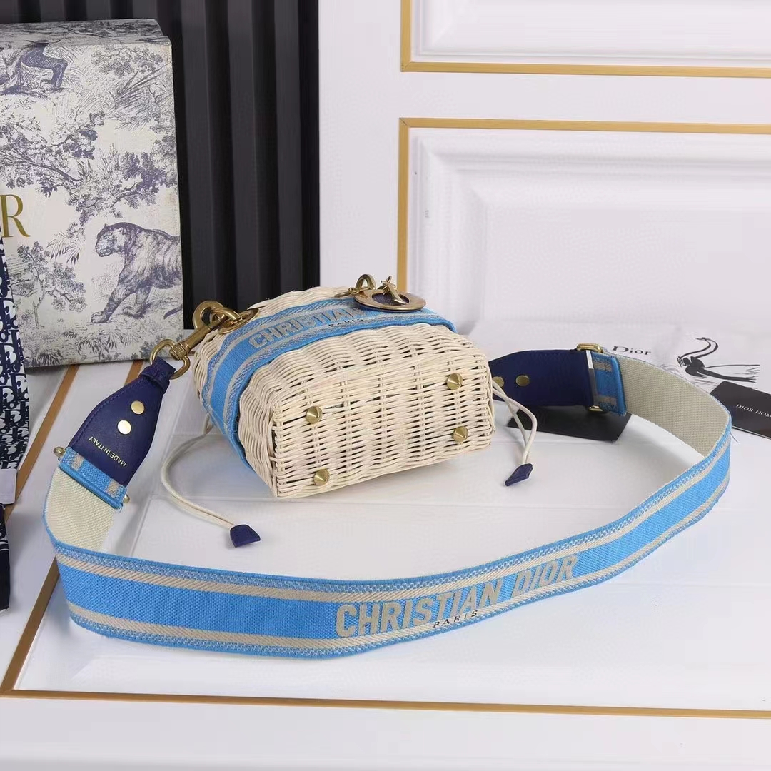 Dior Mini Lady Dior Bag Natural Wicker/Blue in Leather/Jacquard