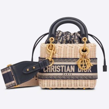 Dior Women CD Mini Lady Dior Handbag Natural Wicker Navy Blue Oblique Jacquard