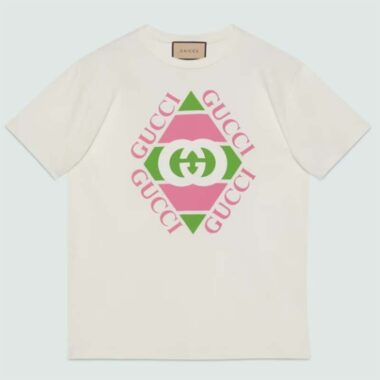 Gucci GG Women Vintage Logo Print T-shirt Off White Cotton Jersey Crewneck Short sleeves