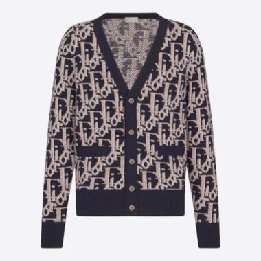 Dior Women CD Dior Oblique Cardigan Navy Blue Wool Jacquard