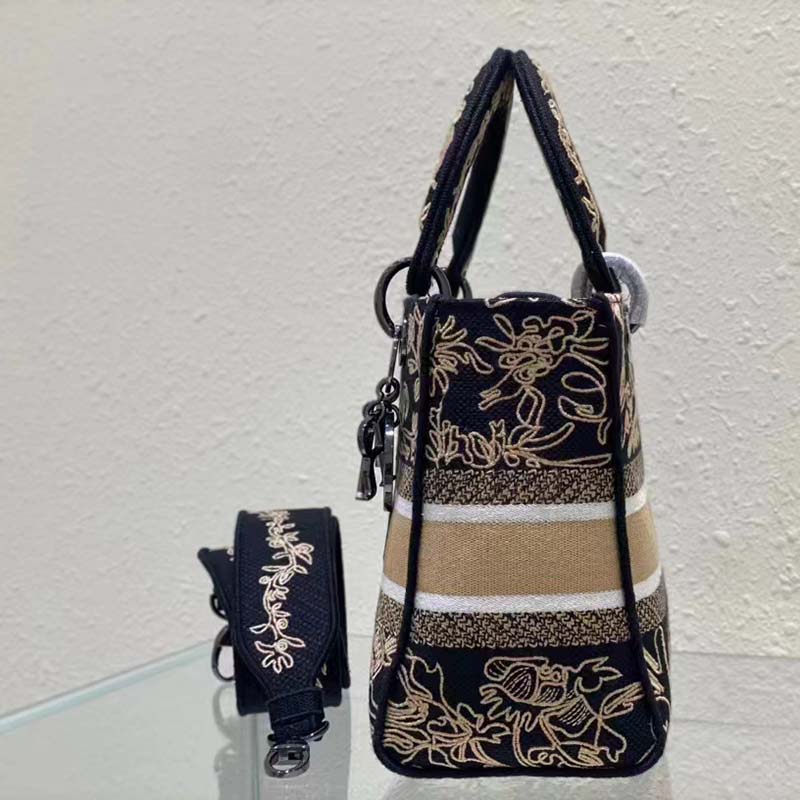 Medium Lady D-Lite Bag Black and White Ornamental Cornely-Effect Embroidery