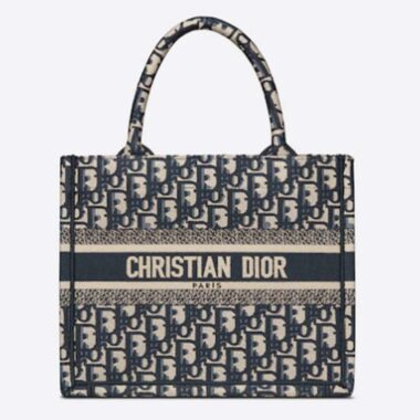 Dior Women Small Dior Book Tote Blue Dior Oblique Embroidery