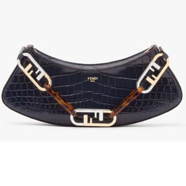 Fendi Women FF O’Lock Swing Dark Blue Crocodile Leather Pouch