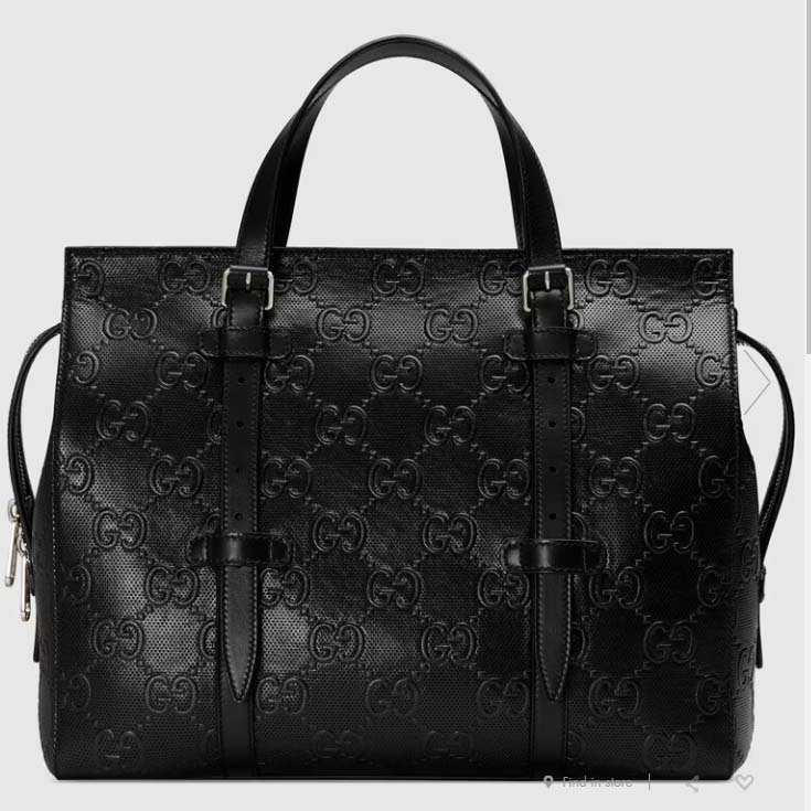 Gucci Unisex GG Embossed Tote Bag Black Leather Cotton Linen Lining