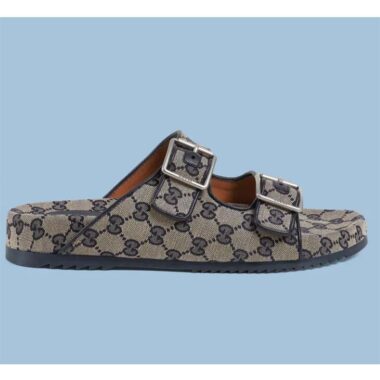 Gucci Unisex GG Slide Sandal Blue Beige Original GG Canvas Rubber Sole Flat