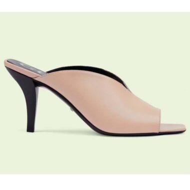 Gucci Women GG Mid-Heel Open-Toe Pump Light Pink Leather Sole 7.6 Cm Heel