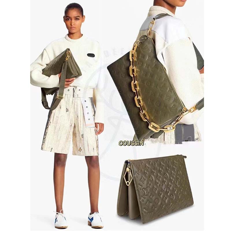 Louis Vuitton LV Women Coussin MM Handbag Khaki Monogram Embossed