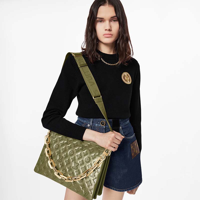 Louis Vuitton Coussin Handbag MM Monogram Embossed Khaki in Lambskin Leather  with Gold-tone - US