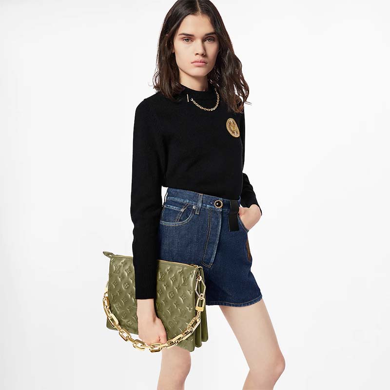 Louis Vuitton LV Women Coussin MM Handbag Khaki Monogram Embossed