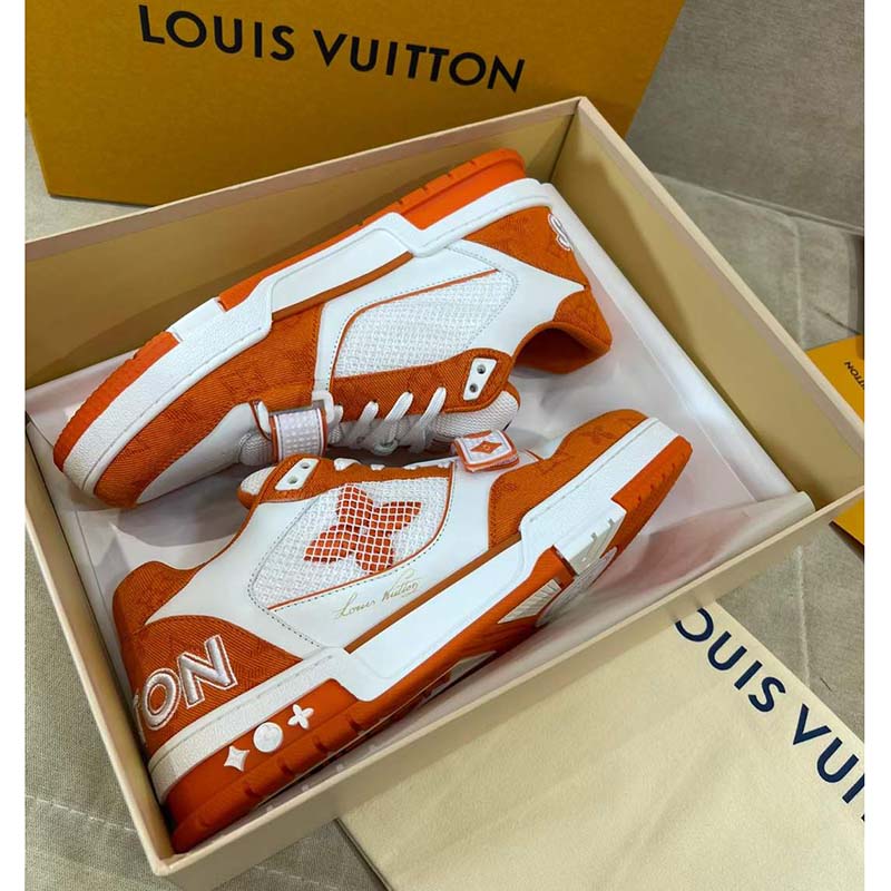 Louis Vuitton Lv trainer monogram denim White Orange Leather Cloth  ref.873519 - Joli Closet