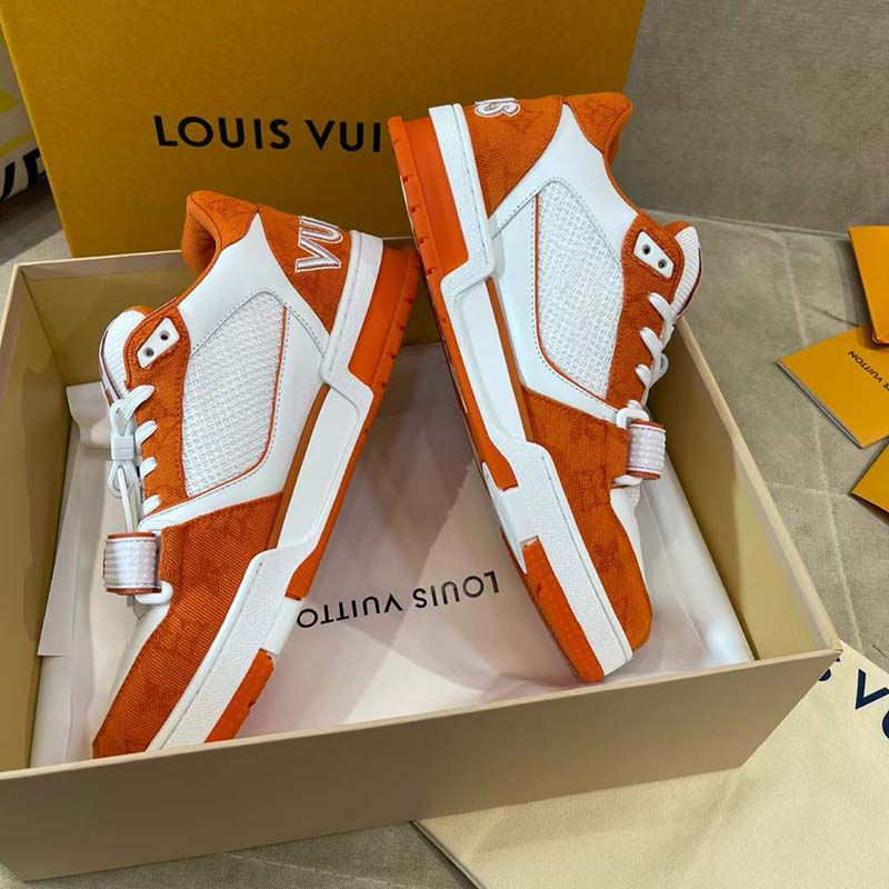 Louis Vuitton Lv trainer monogram denim White Orange Leather Cloth  ref.873519 - Joli Closet