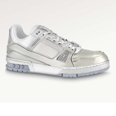 Louis Vuitton Unisex LV Trainer Sneaker Silver Metallic Canvas Rubber Outsole Monogram Flowers