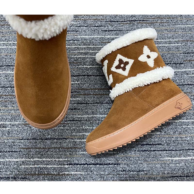 LOUIS VUITTON Snowdrop Line Ankle Short Shearling Boots Beige Brown 36.5  US5.5
