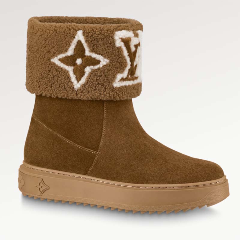 AUTH LOUIS VUITTON Brown Suede Shearling Monogram Winter Shoes Boots 37  $1200 LV