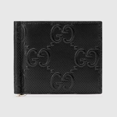 Gucci Unisex GG Embossed Money Clip Embossed Black Leather Viscose Lining