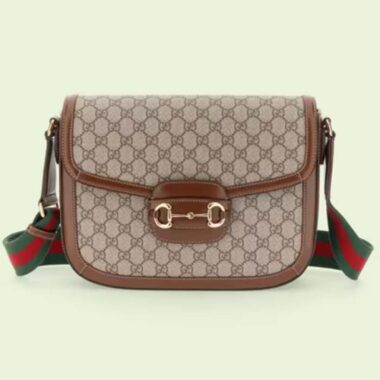 Gucci Unisex Horsebit 1955 Shoulder Bag Beige Ebony GG Supreme Canvas