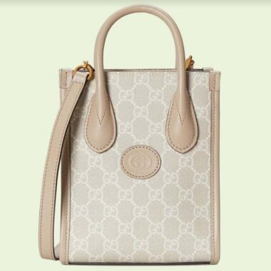 Gucci Unisex Mini Tote Bag Interlocking G Beige White GG Supreme Canvas