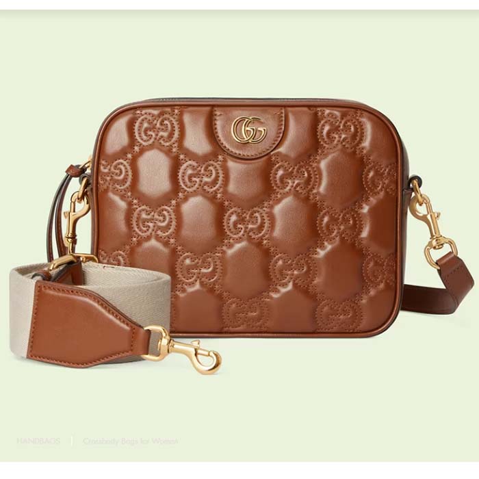 Gucci Women GG Matelassé Leather Small Bag Light Brown Double G Zip Closure