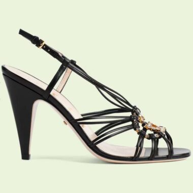 Gucci Women GG Sandal Interlocking G Black Leather High 9 Cm Heel