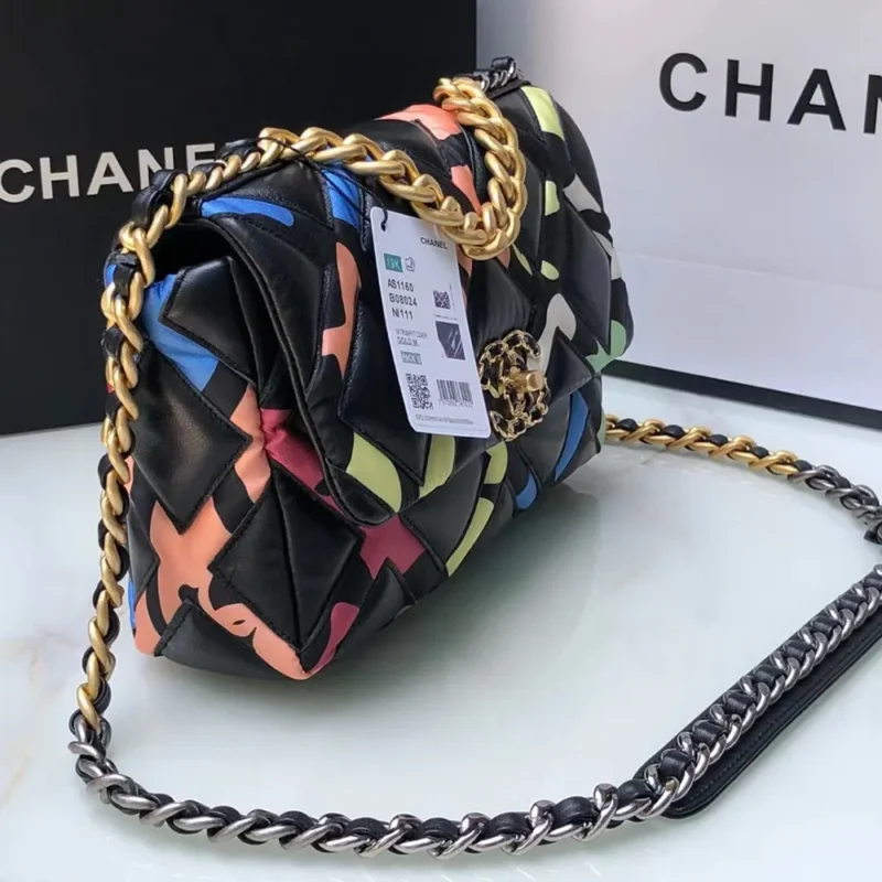 Chanel Women CC 19 Flap Bag Goatskin Gold Silver-Tone Metal Multicolor Black