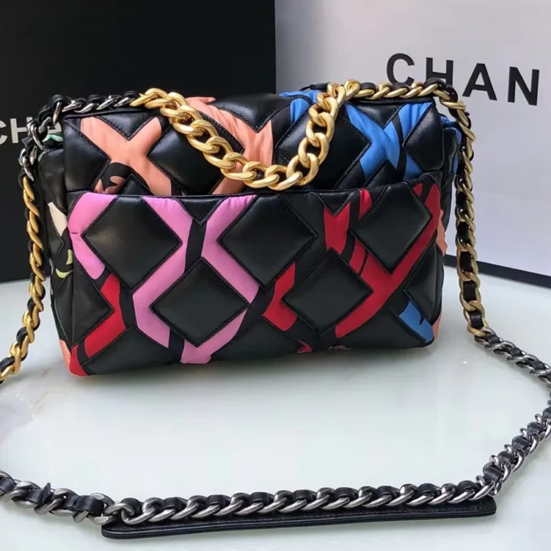 Chanel Women CC 19 Flap Bag Goatskin Gold Silver-Tone Metal Multicolor Black