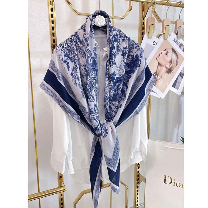 Toile de Jouy Sauvage 90 Square Scarf Ivory and Navy Blue Silk Twill