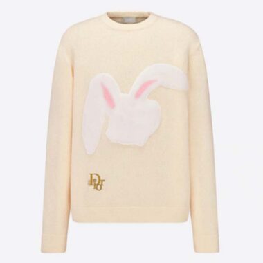 Dior Women CD By Erl Sweater Rabbit Patch Beige Cotton-Blend Jersey Round Neck