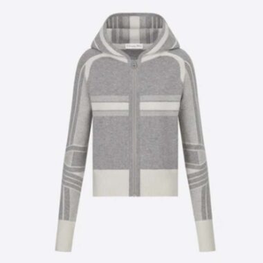 Dior Women CD DiorAlps Zipped Cardigan Hood Gray White Wool Cashmere Knit