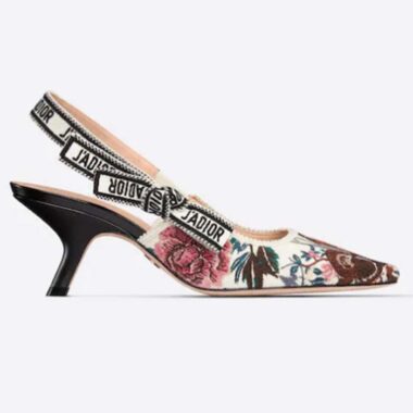 Dior Women CD J'Adior Slingback Pump White Multicolor Jardin D'Hiver Embroidered Cotton