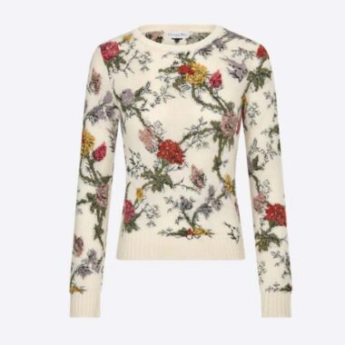 Dior Women CD Sweater Ecru Cashmere Knit Multicolor Dior Jardin Botanique Motif