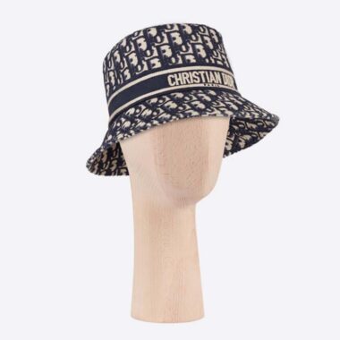 Dior Women D-Oblique Small Brim Bucket Hat Navy Blue Cotton