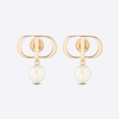 Dior Women Petit CD Earrings Gold-Finish Metal and White Resin Pearls