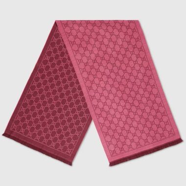 Gucci Women GG Jacquard Pattern Knitted Scarf Magenta Bordeaux GG Wool