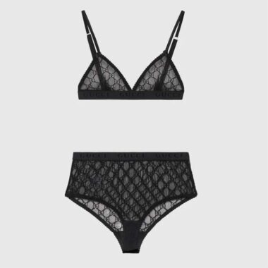 Gucci Women GG Tulle Lingerie Black Embroidered Elastic Stripe A Set Bra Briefs