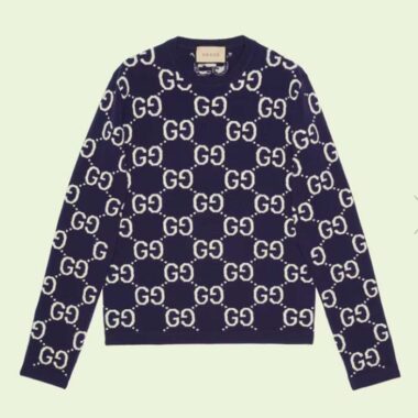 Gucci Women GG Wool Jacquard Sweater Blue Ivory Long Sleeves Crewneck