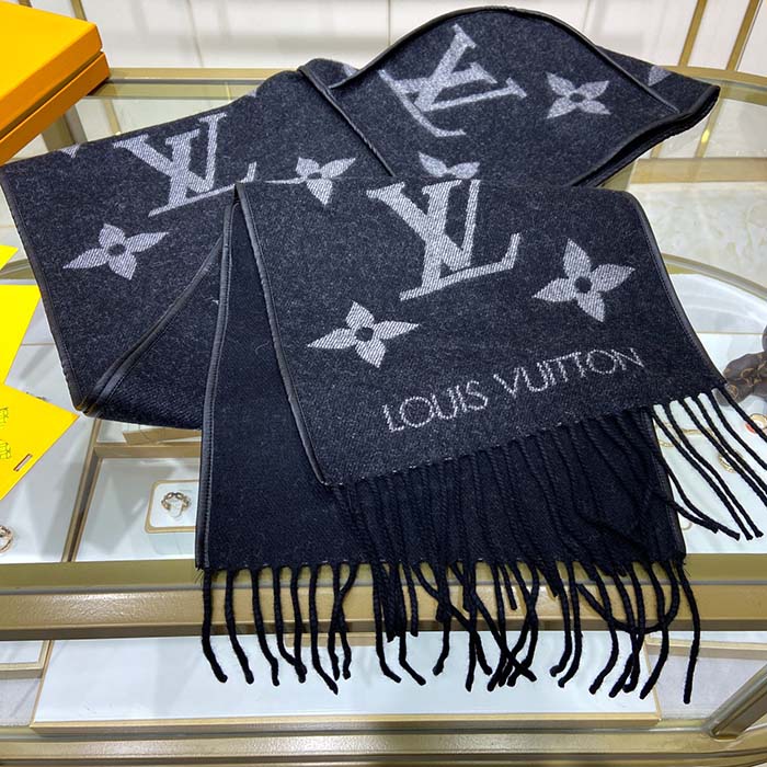 LOUIS VUITTON Winter Scarf LV Logo Cashmere Wool Black Gray M70482 64SG444