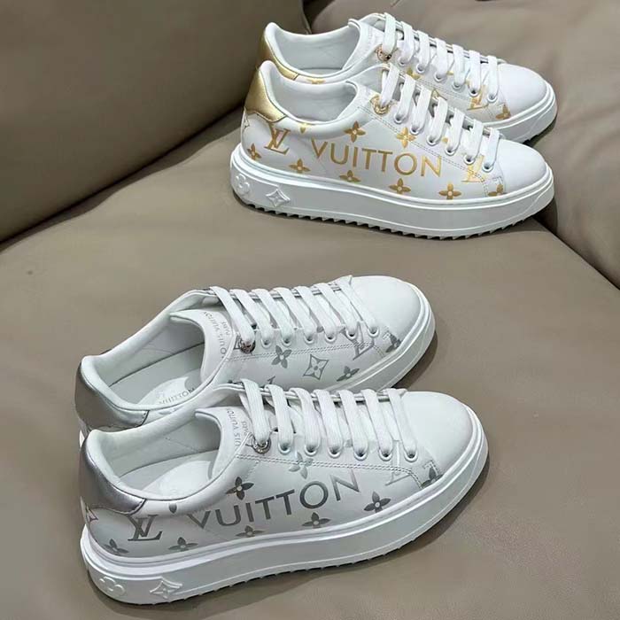 Giày sneaker LV nữ Louis Vuitton Time Out Sneaker Obsoletes Do Not Touch  White Monogram-Debossed Calf Leather