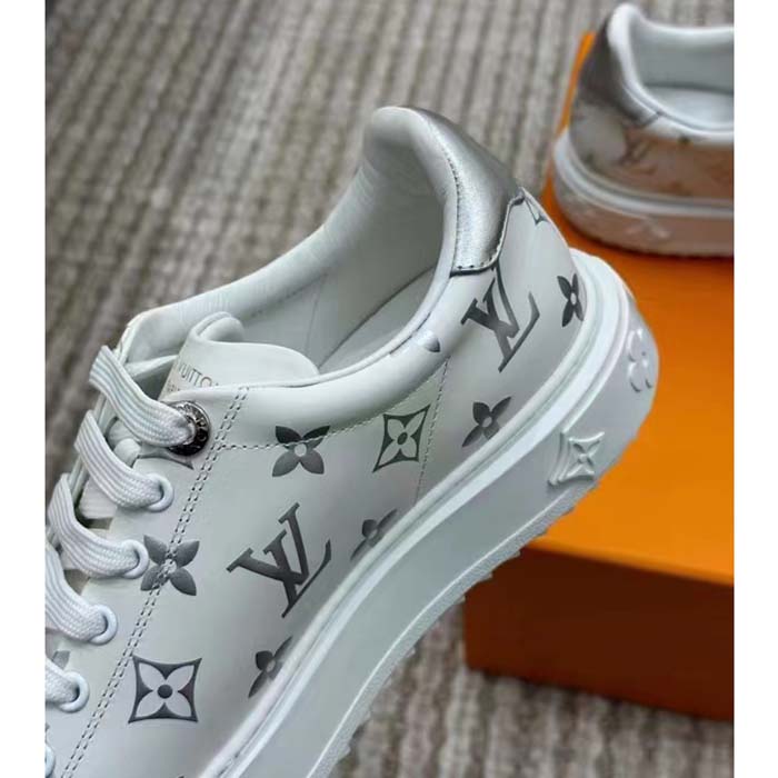 Giày sneaker LV nữ Louis Vuitton Time Out Sneaker Obsoletes Do Not Touch  White Monogram-Debossed Calf Leather