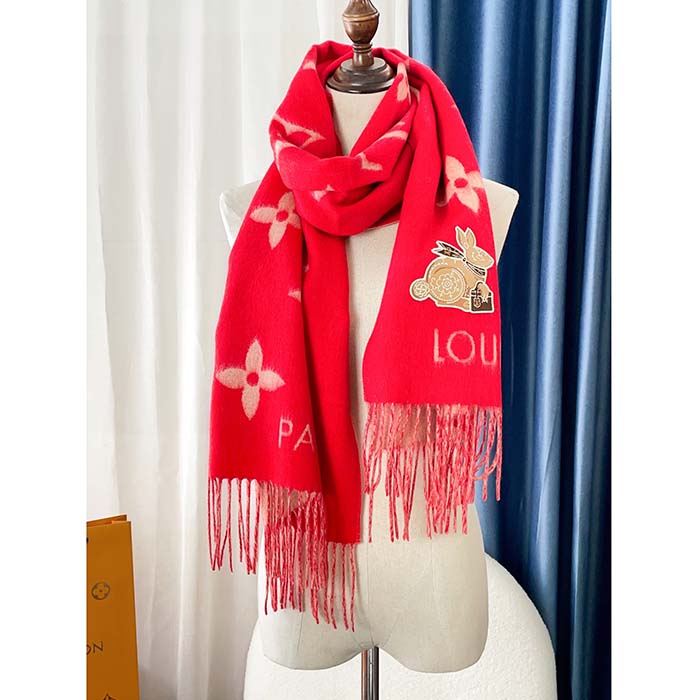 Louis Vuitton LV Unisex Precious Rabbit Reykjavik Scarf Red Cashmere  Monogram Flowers - LULUX