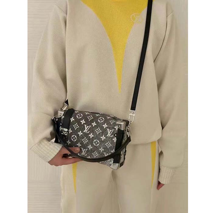 Louis Vuitton LV Women Side Trunk Handbag Gray Denim Textile