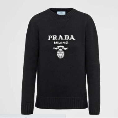 Prada Women Cashmere Wool Prada Logo Crew-Neck Sweater Black Menswear Fit