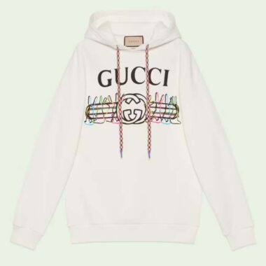 Gucci Women GG Logo Bunny Print Hooded Cotton Sweatshirt Off White Cotton Jersey