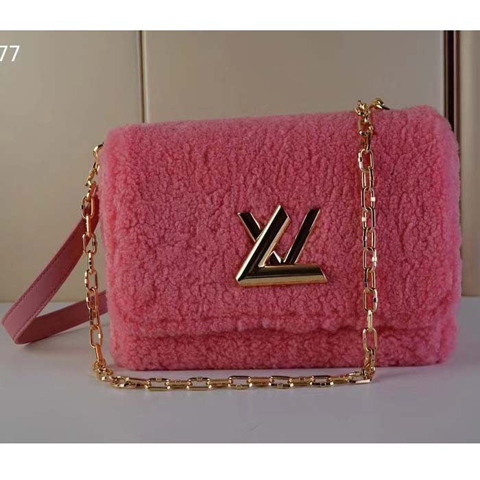 Louis Vuitton Pink Shearling Twist LV Gold Chain Bag 1LK0412C For