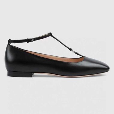 Gucci Women GG Ballet Flat Double G Black Leather Sole Flat 1 Cm Heel