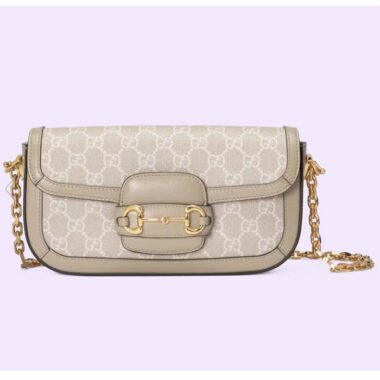 Gucci Women Horsebit 1955 Shoulder Bag Beige White GG Supreme Canvas