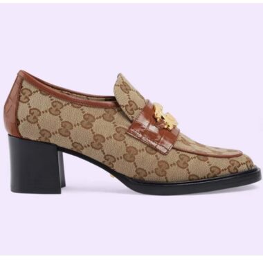 Gucci Women Loafer Interlocking G Beige Ebony Original GG Canvas Mid 5 Cm Heel