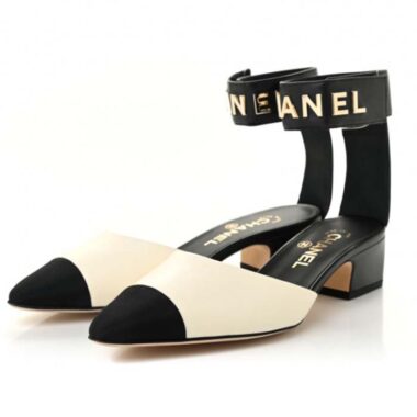 Chanel Women CC Sandals Calfskin Black White Gold Tone Metal Logo