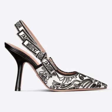 Dior CD Women J'Adior Slingback Pump Black White Ornamental Cotton Cornely Embroidery